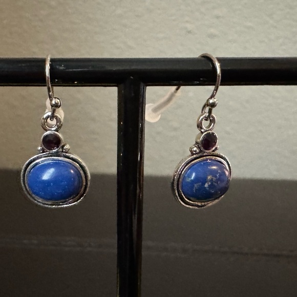 Elegant Blue, Red, and Silver Tone Dangle Earrings - Picture 2 of 3